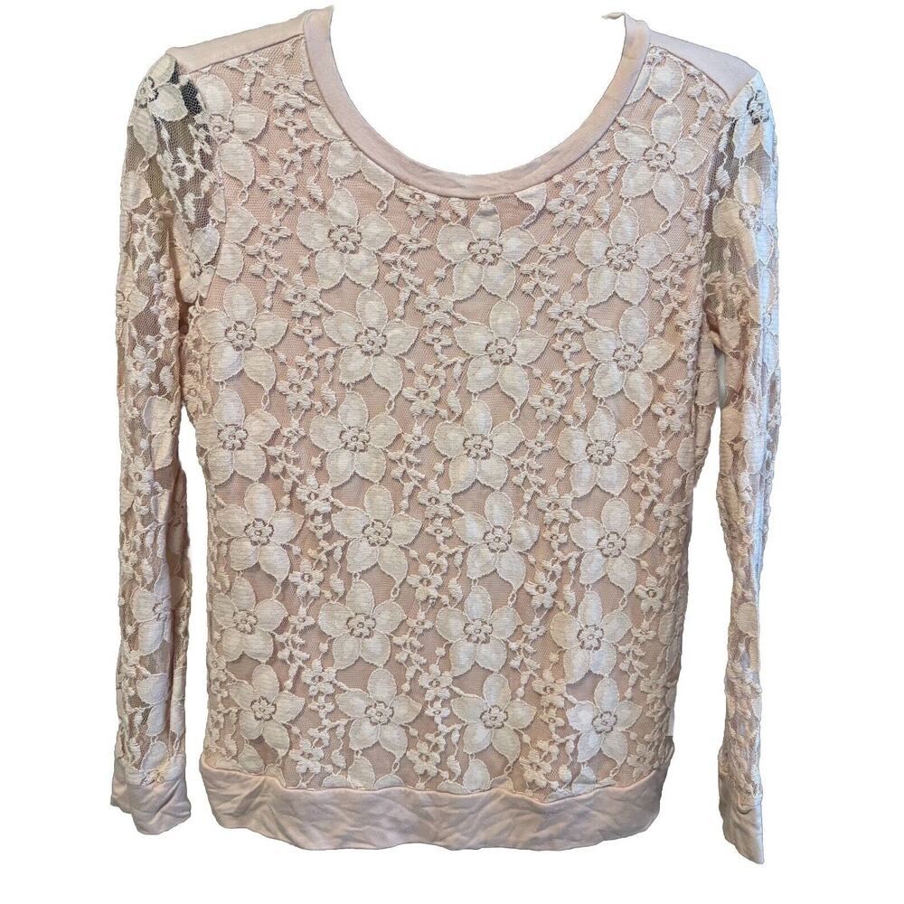 Adrianna Papell, Women's Lace Overlay Top Size Medium Pink Floral Long‎ Sleeve